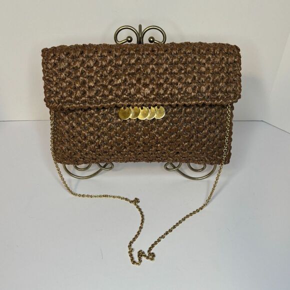 RODO Vintage Brown Designer Straw Woven Clutch Purse Chain Strap Womens - Picture 2 of 9